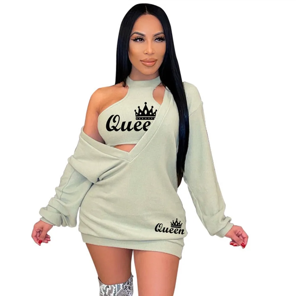 HLJ&GG Fashion Streetwear Two Piece Sets Women PINK Letter Print Crop Vest And Dress Outfits 2022 New Matching Suits Clothing