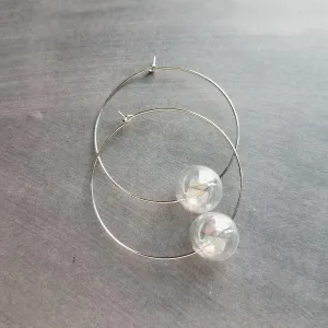 Hollow Glass Ball Earrings, silver hoop earring, clear glass ball earring, glass ball hoop, large silver hoop, clear glass bubble earring