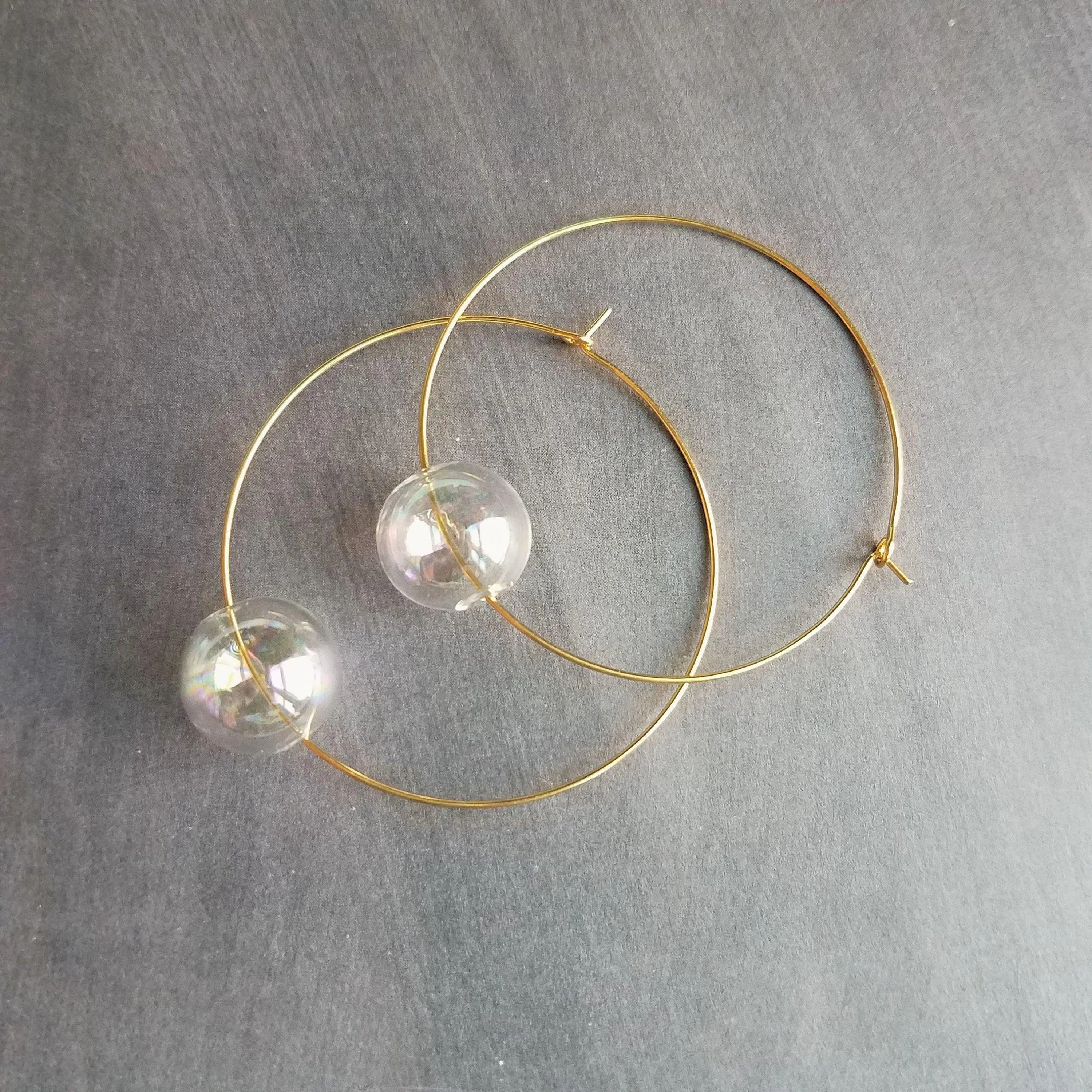 Hollow Glass Ball Earrings, silver hoop earring, clear glass ball earring, glass ball hoop, large silver hoop, clear glass bubble earring
