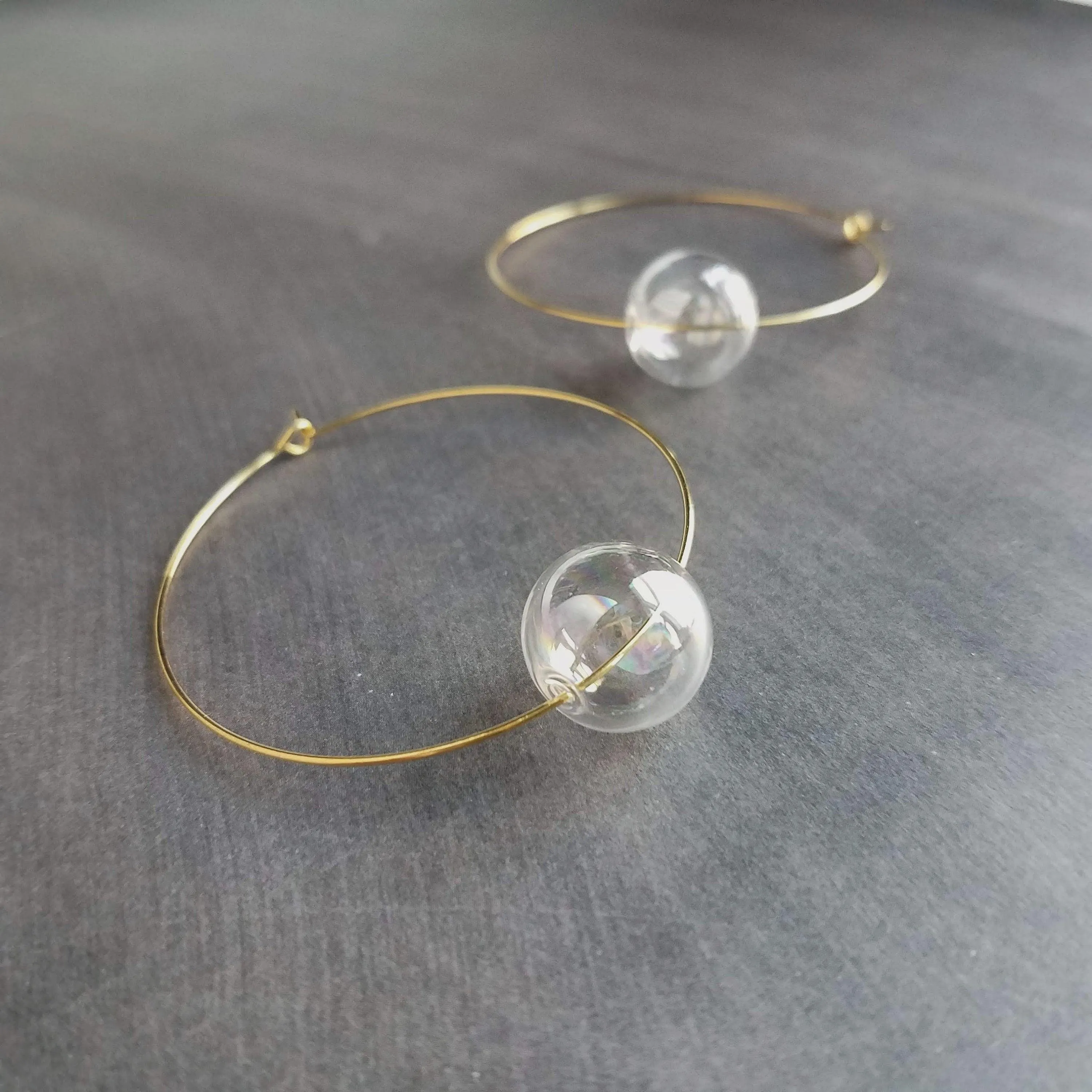 Hollow Glass Ball Earrings, silver hoop earring, clear glass ball earring, glass ball hoop, large silver hoop, clear glass bubble earring