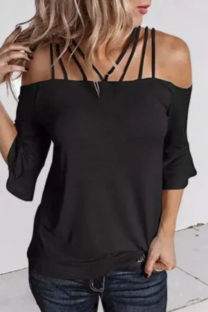 Hollow Out Spaghetti Strap  Flare Sleeve Blouse Black