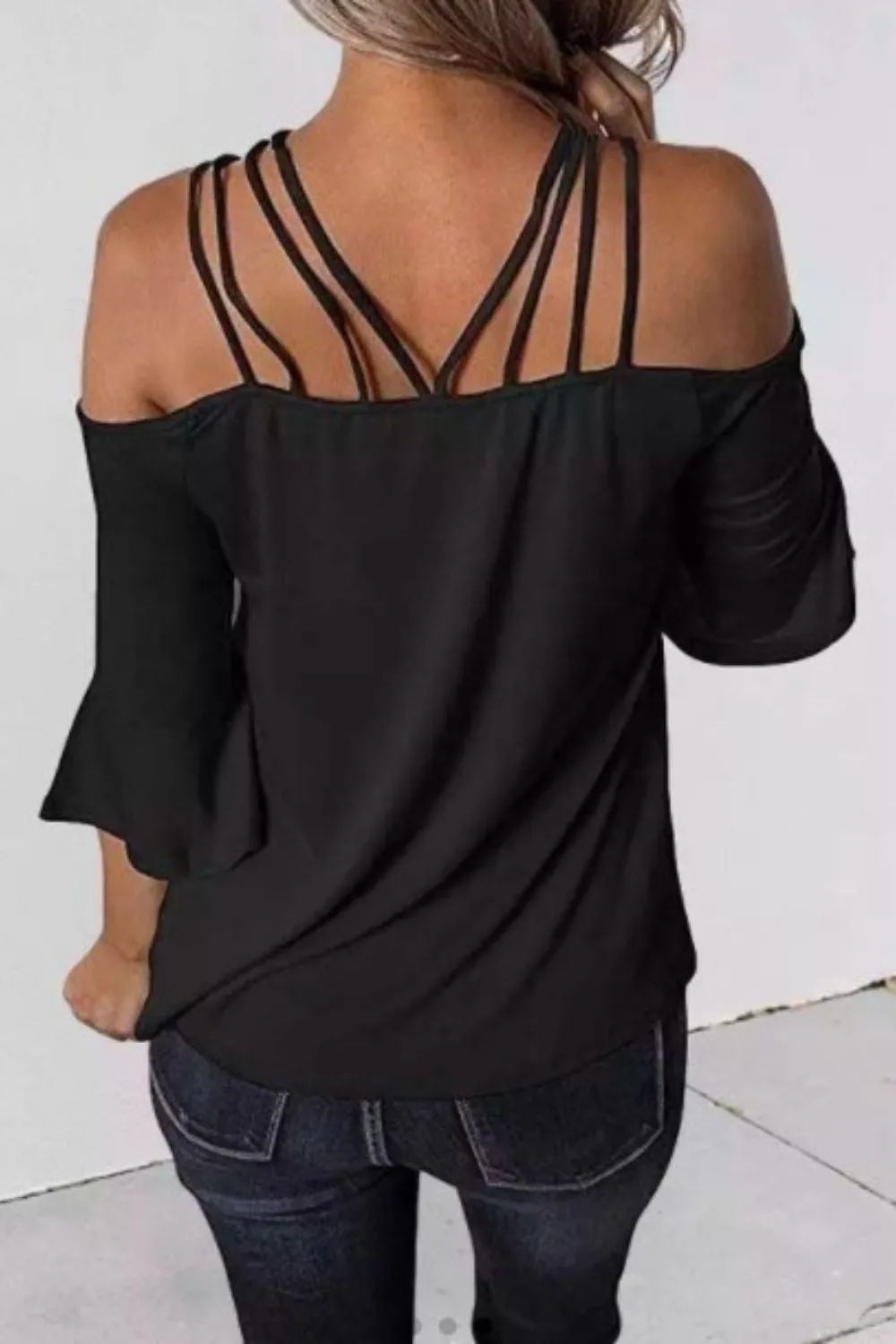 Hollow Out Spaghetti Strap  Flare Sleeve Blouse Black