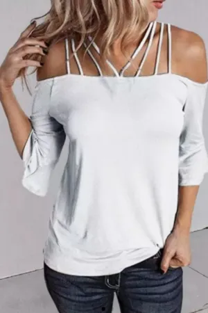 Hollow Out Spaghetti  Strap Flare Sleeve Blouse White