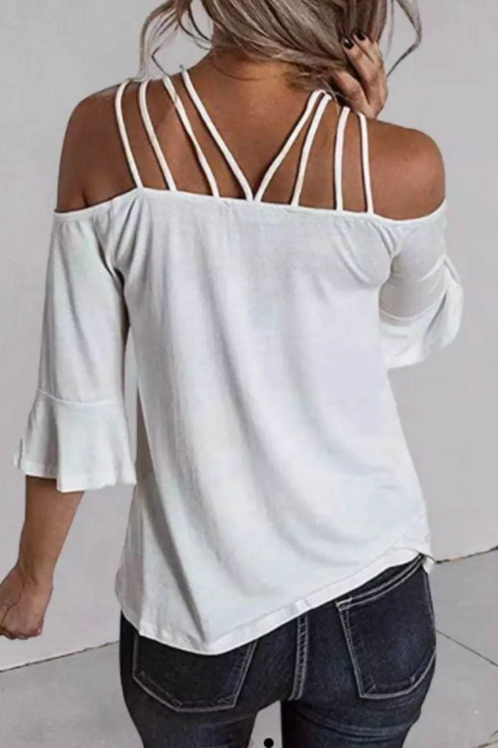 Hollow Out Spaghetti  Strap Flare Sleeve Blouse White
