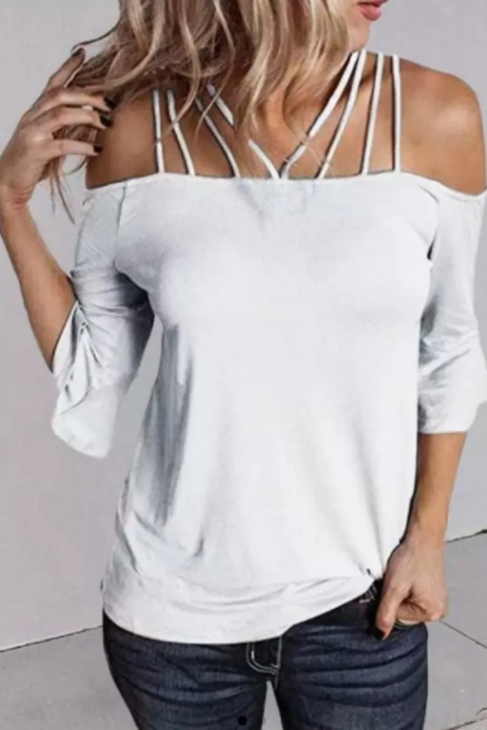 Hollow Out Spaghetti  Strap Flare Sleeve Blouse White