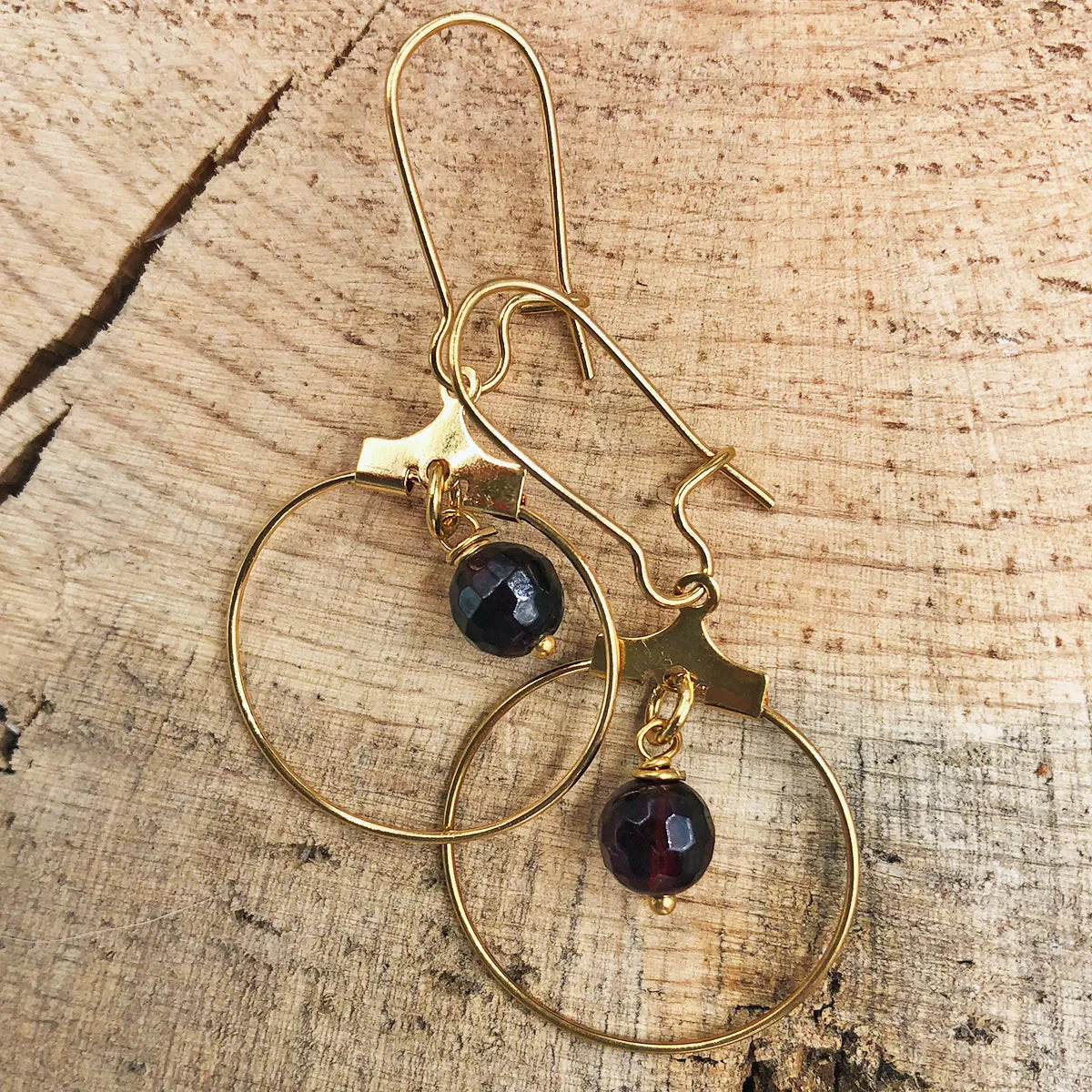 Hoop Earrings with Garnet or Smoky Quartz