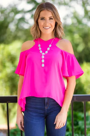 Hot Pink Flutter Sleeve Cold Shoulder Top