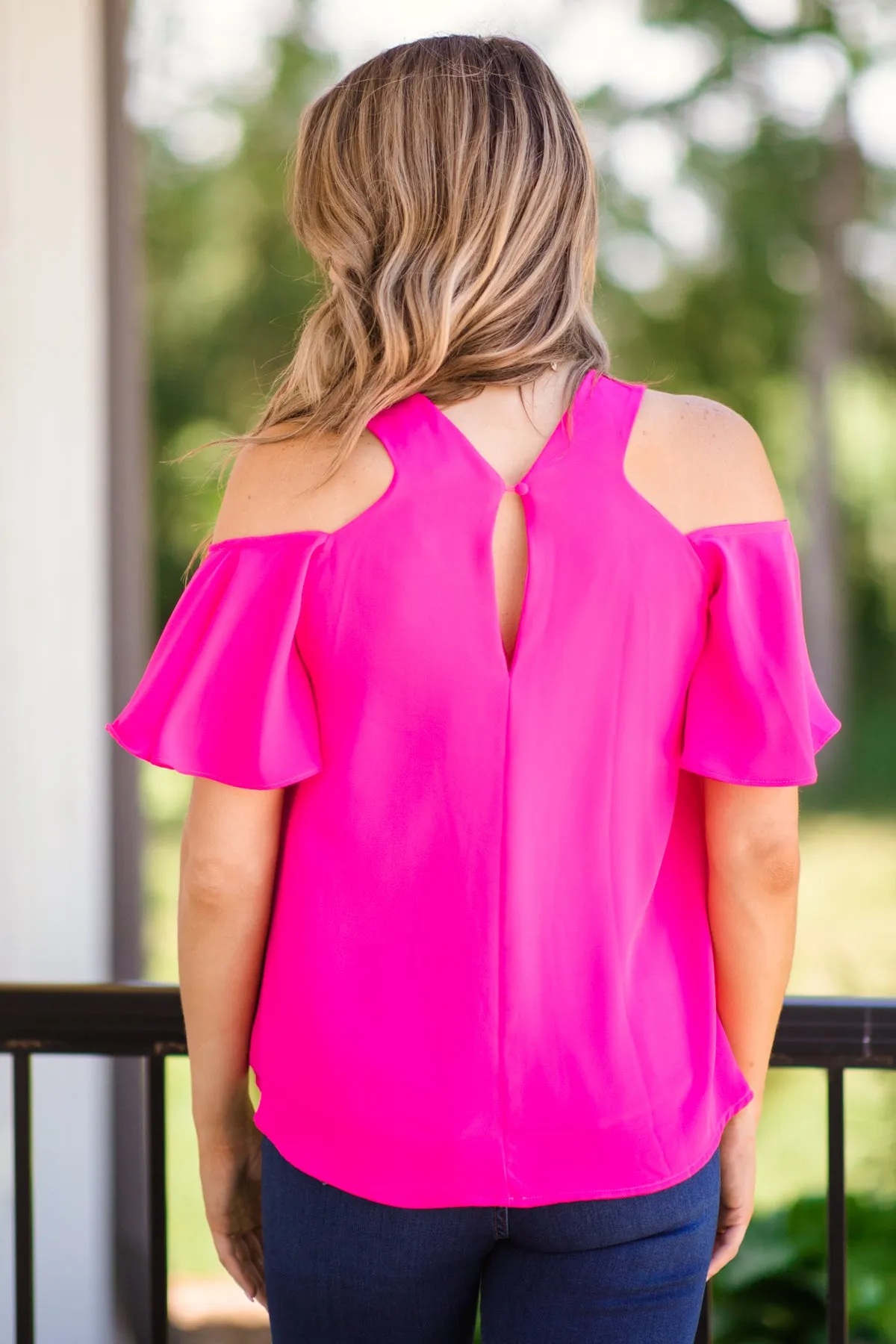 Hot Pink Flutter Sleeve Cold Shoulder Top