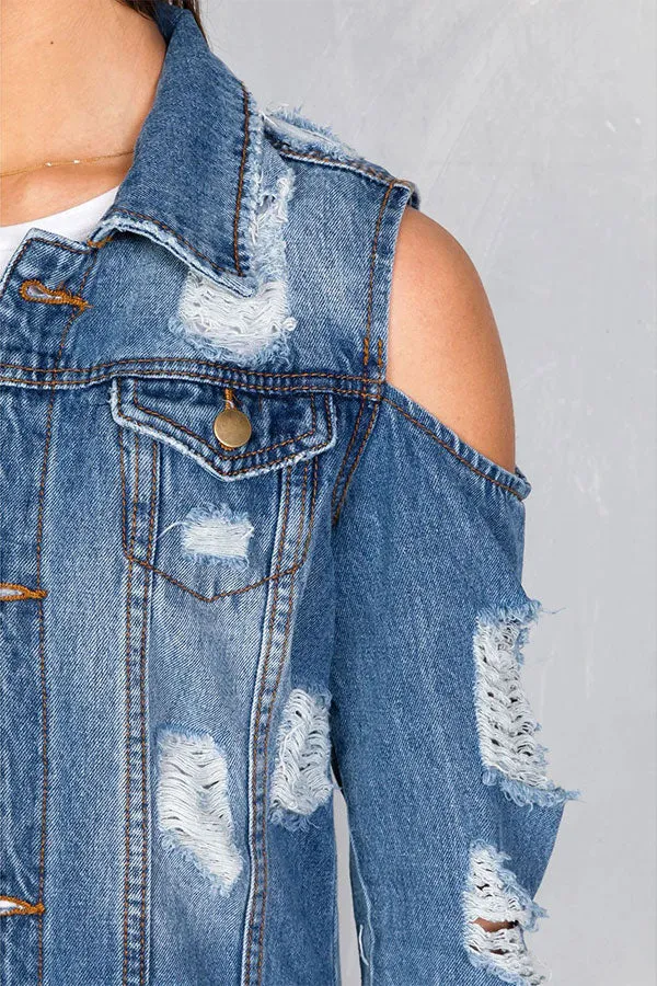 hulianfu Ripped Cold Shoulder Urban Gradient Denim Coat