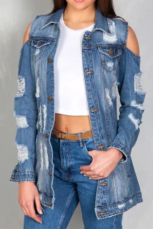 hulianfu Ripped Cold Shoulder Urban Gradient Denim Coat