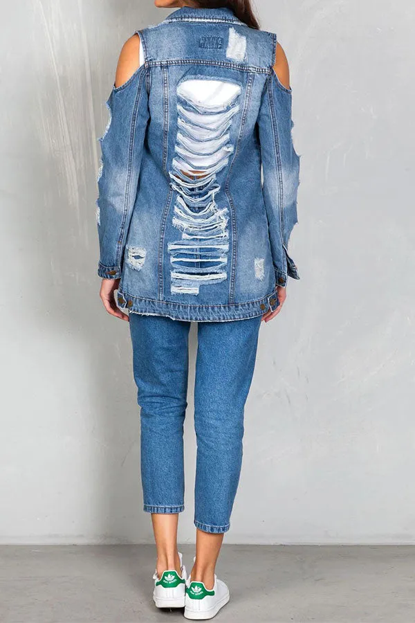 hulianfu Ripped Cold Shoulder Urban Gradient Denim Coat