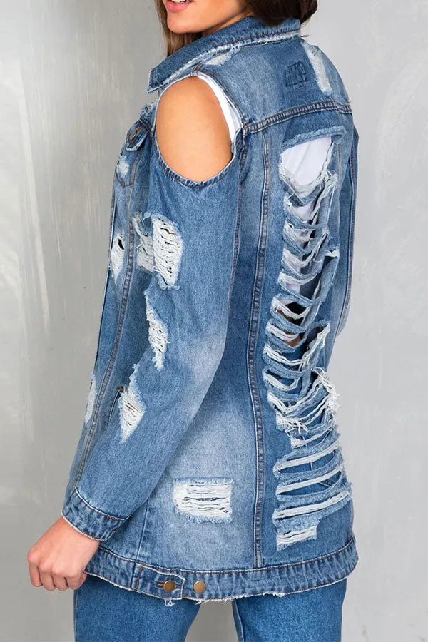 hulianfu Ripped Cold Shoulder Urban Gradient Denim Coat