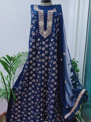 Indigo blue Lakhnawi Chikankari Gota Patti Party Wear Salwar Suit Fabric