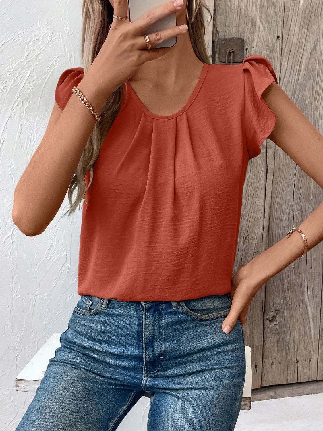 Ivy Lane Ruched Round Neck Cap Sleeve Blouse (3 Colors)