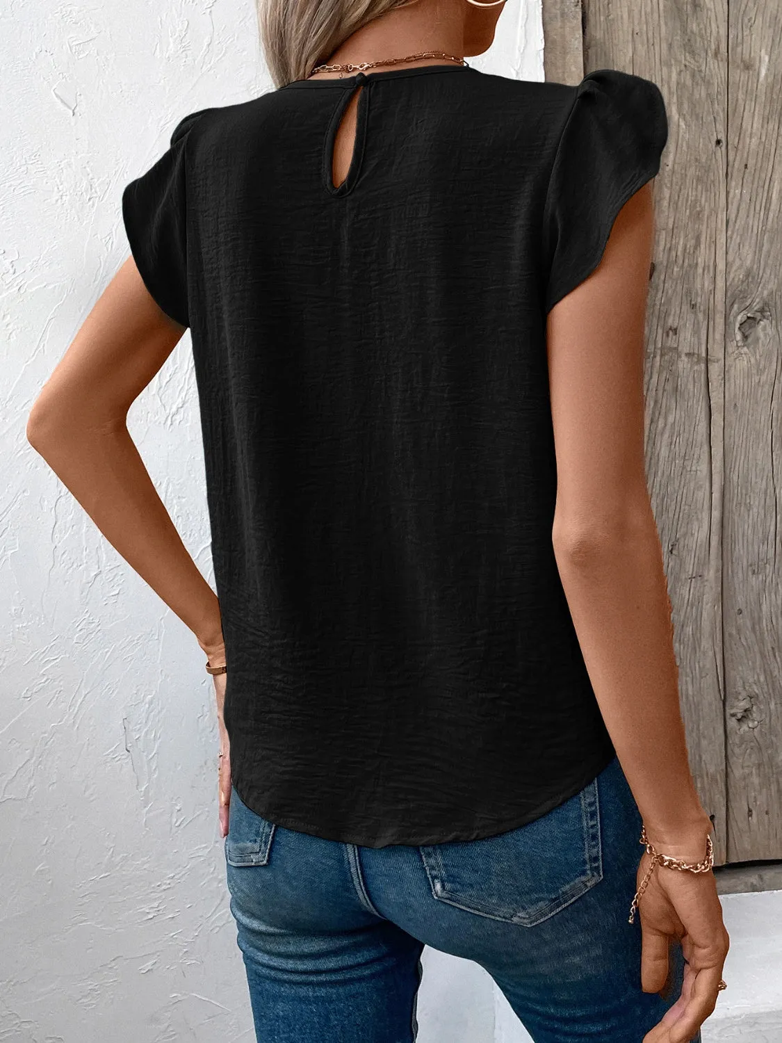 Ivy Lane Ruched Round Neck Cap Sleeve Blouse (3 Colors)