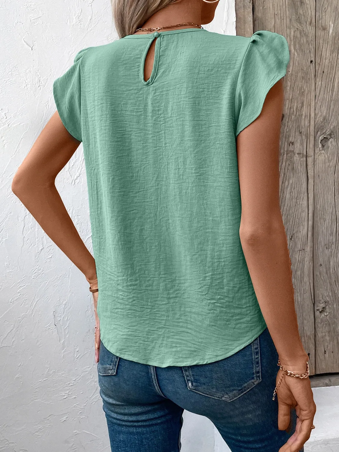 Ivy Lane Ruched Round Neck Cap Sleeve Blouse (3 Colors)