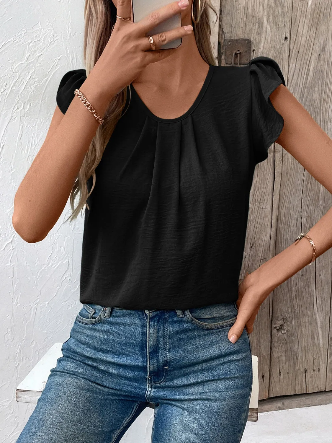 Ivy Lane Ruched Round Neck Cap Sleeve Blouse (3 Colors)