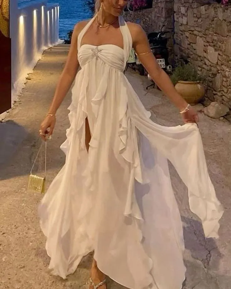 JazzHer Elegant A Line Halter Long Chiffon Prom Dresses Evening Dress (PRE-ORDER)