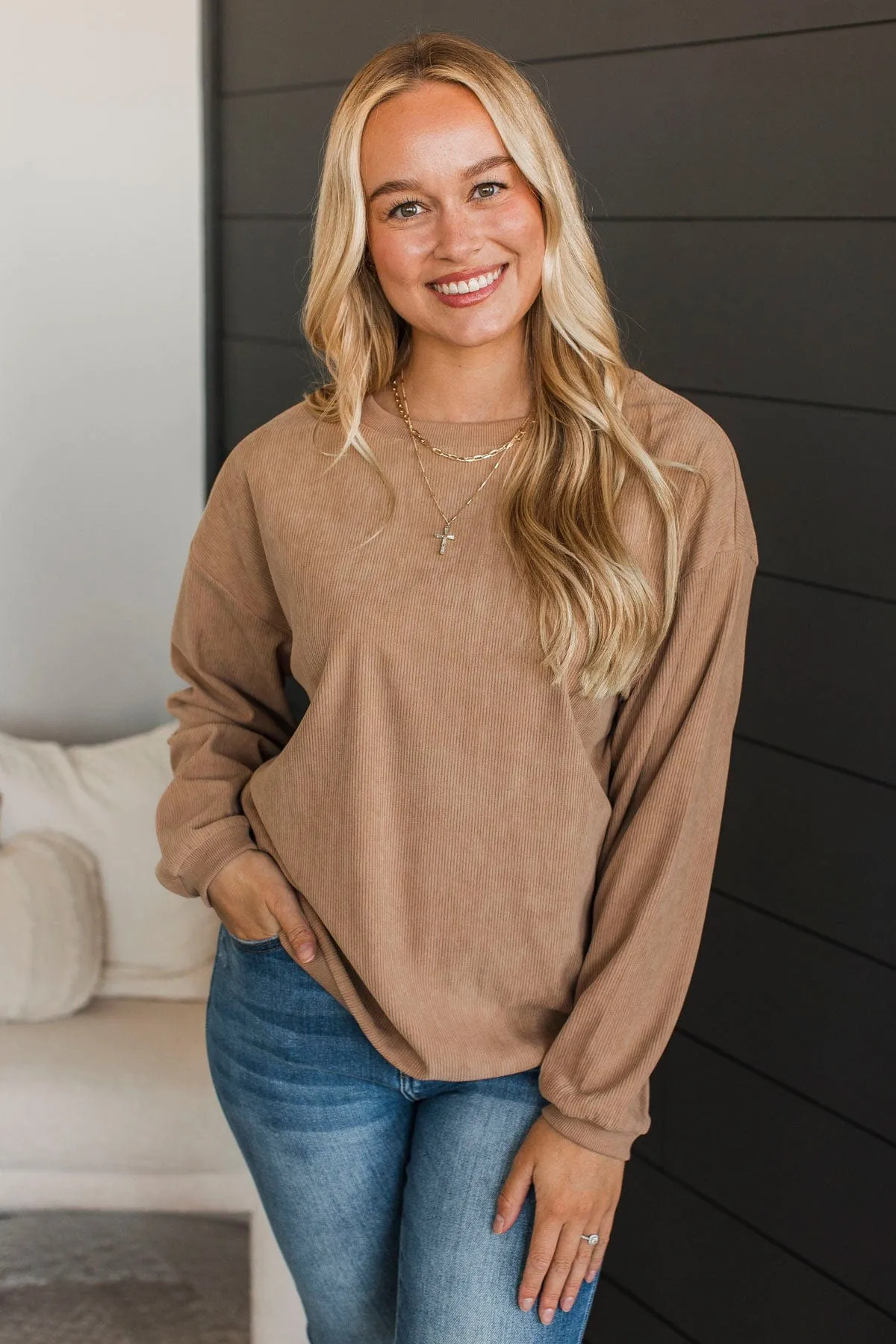 Jess Lea Corded Velvet Pullover Top- Tan