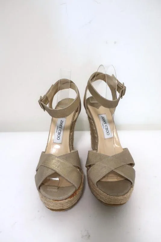 Jimmy Choo Phoenix Platform Espadrille Wedge Sandals Gold Metallic Size 42 NEW