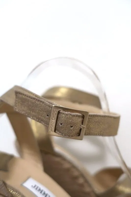 Jimmy Choo Phoenix Platform Espadrille Wedge Sandals Gold Metallic Size 42 NEW
