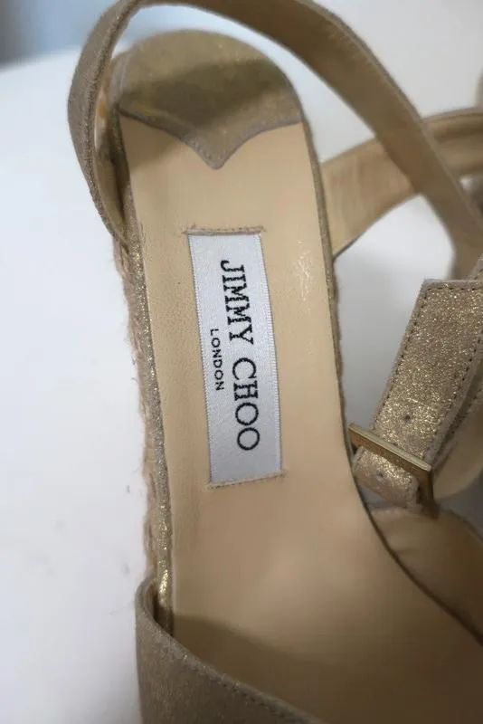 Jimmy Choo Phoenix Platform Espadrille Wedge Sandals Gold Metallic Size 42 NEW