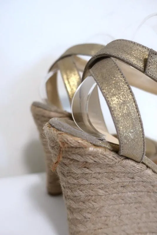 Jimmy Choo Phoenix Platform Espadrille Wedge Sandals Gold Metallic Size 42 NEW