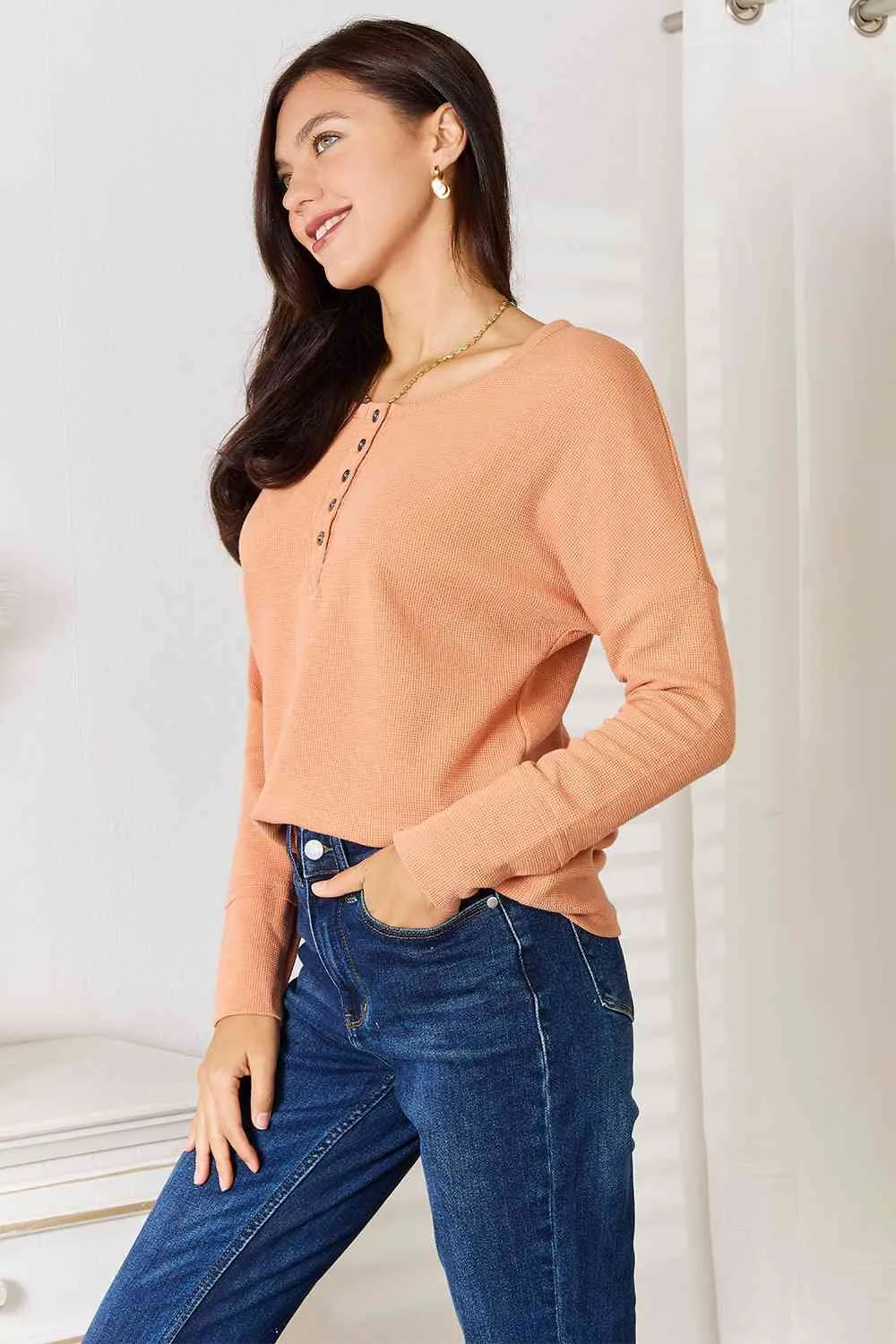 Julie Basic Bae Half Button Long Sleeve Top