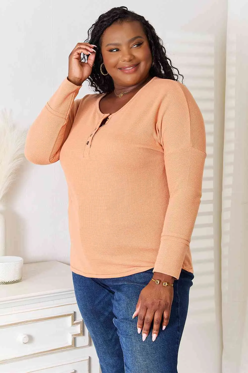 Julie Basic Bae Half Button Long Sleeve Top