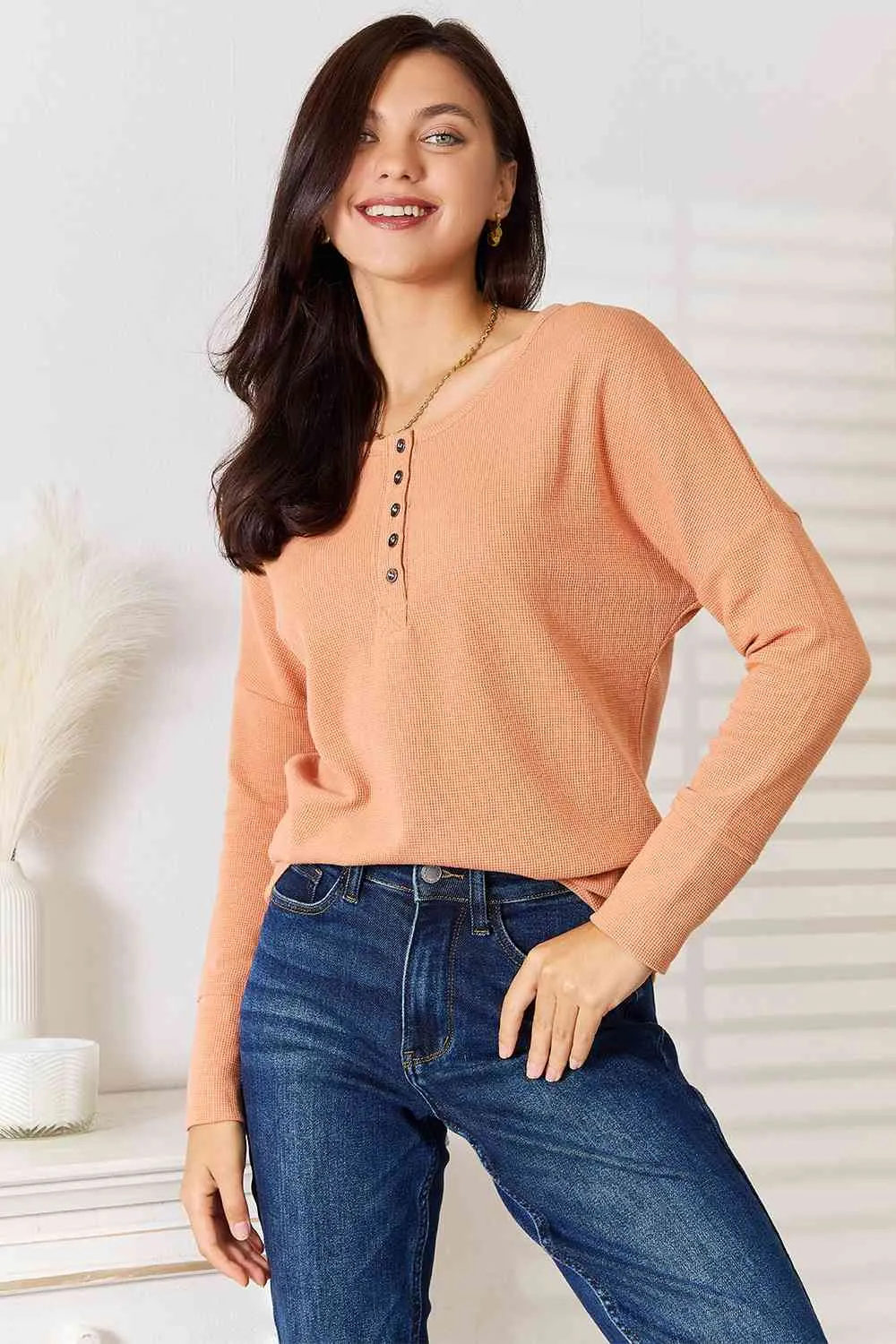 Julie Basic Bae Half Button Long Sleeve Top