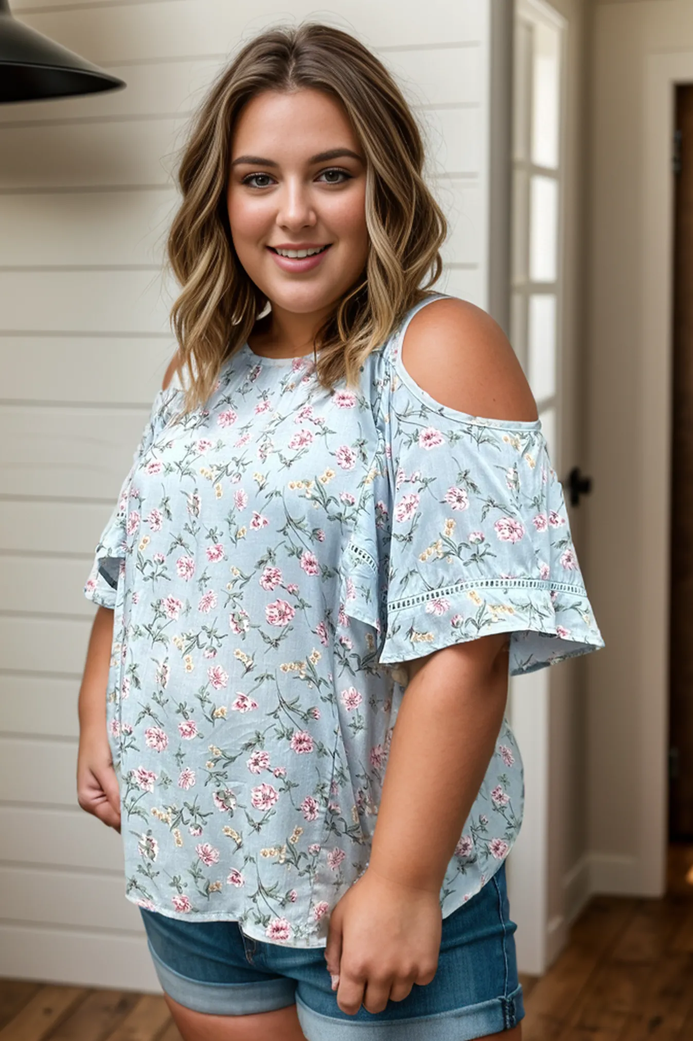 Katie - Blue Floral Cold Shoulder