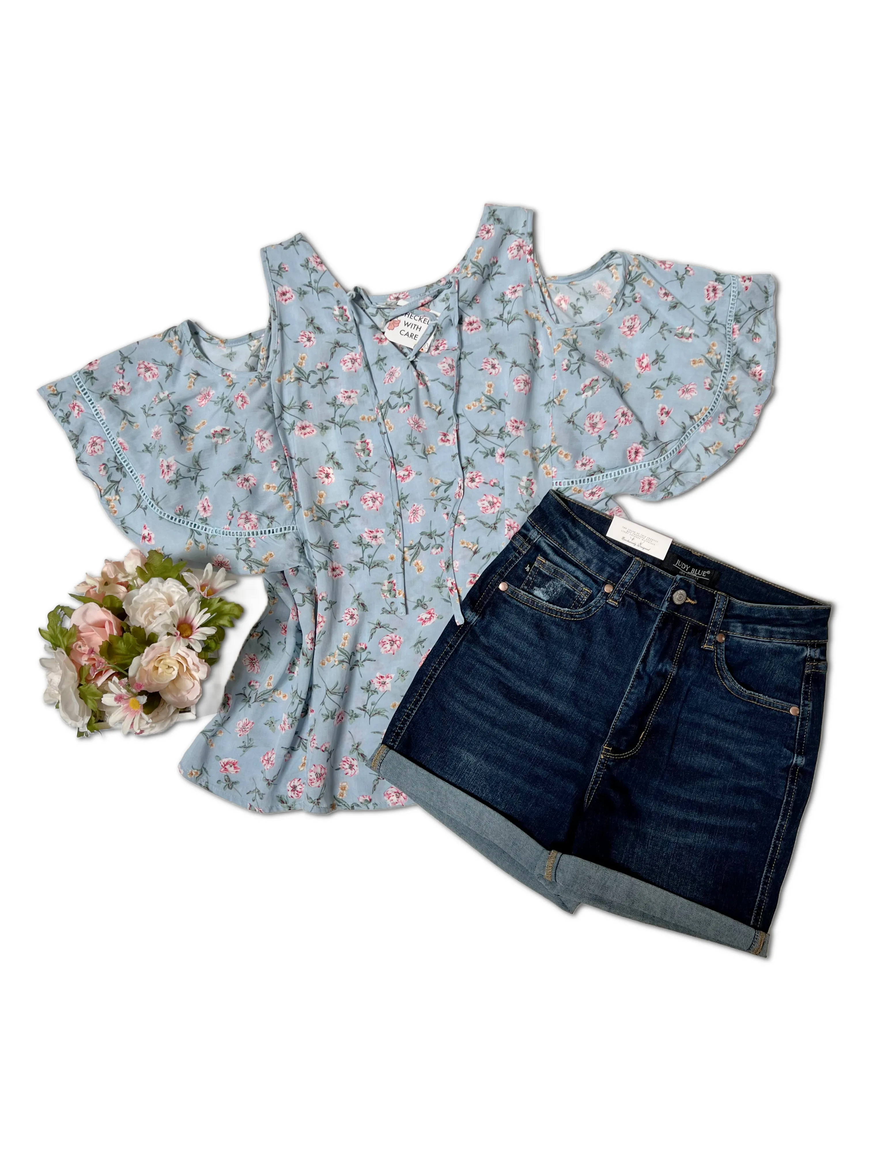 Katie - Blue Floral Cold Shoulder