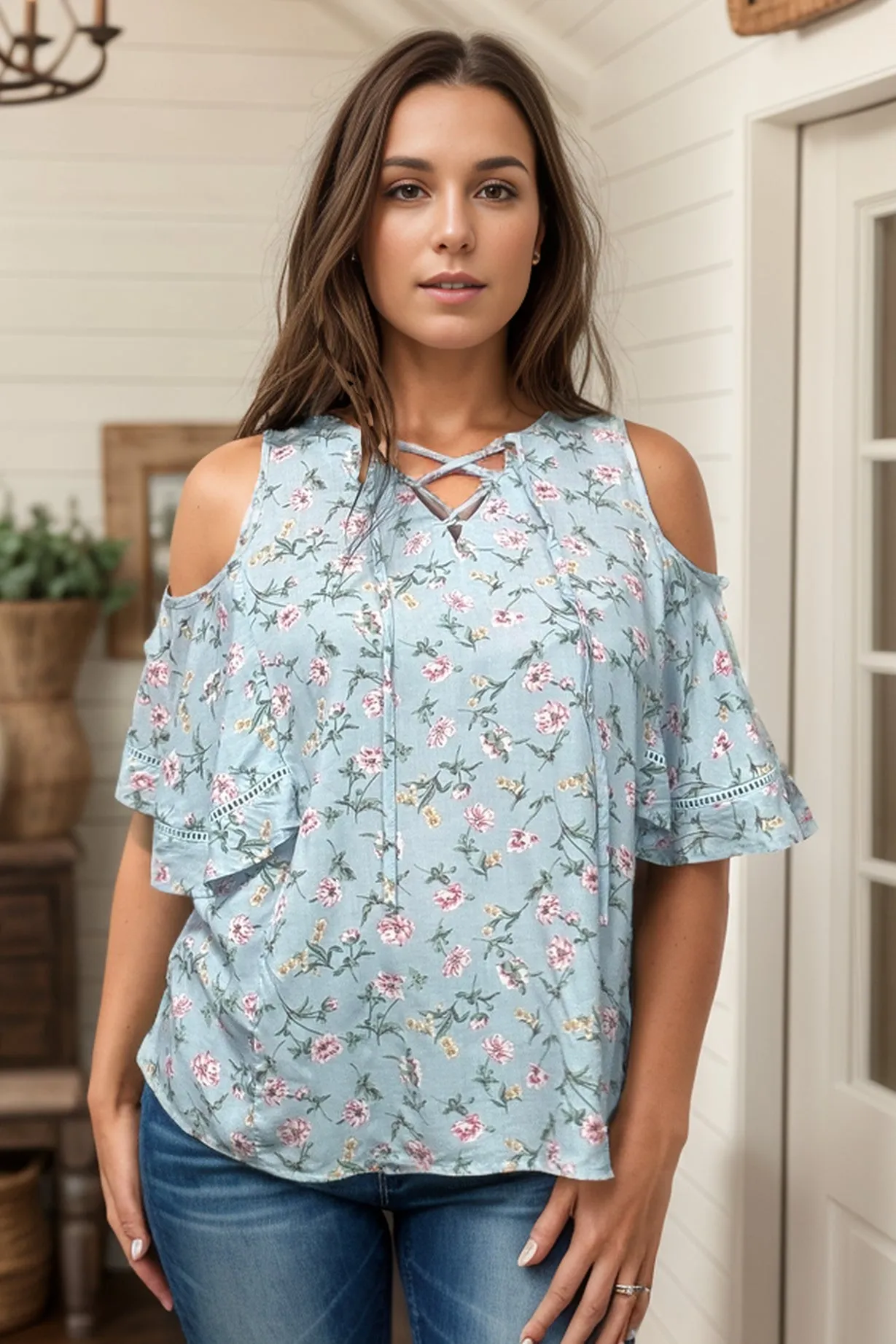 Katie - Blue Floral Cold Shoulder
