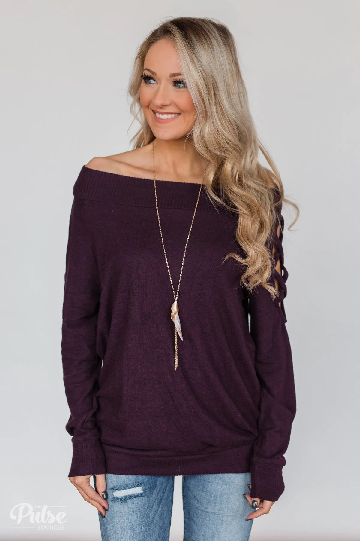 Keep Holding On Sleeve Detail Sweater- Eggplant