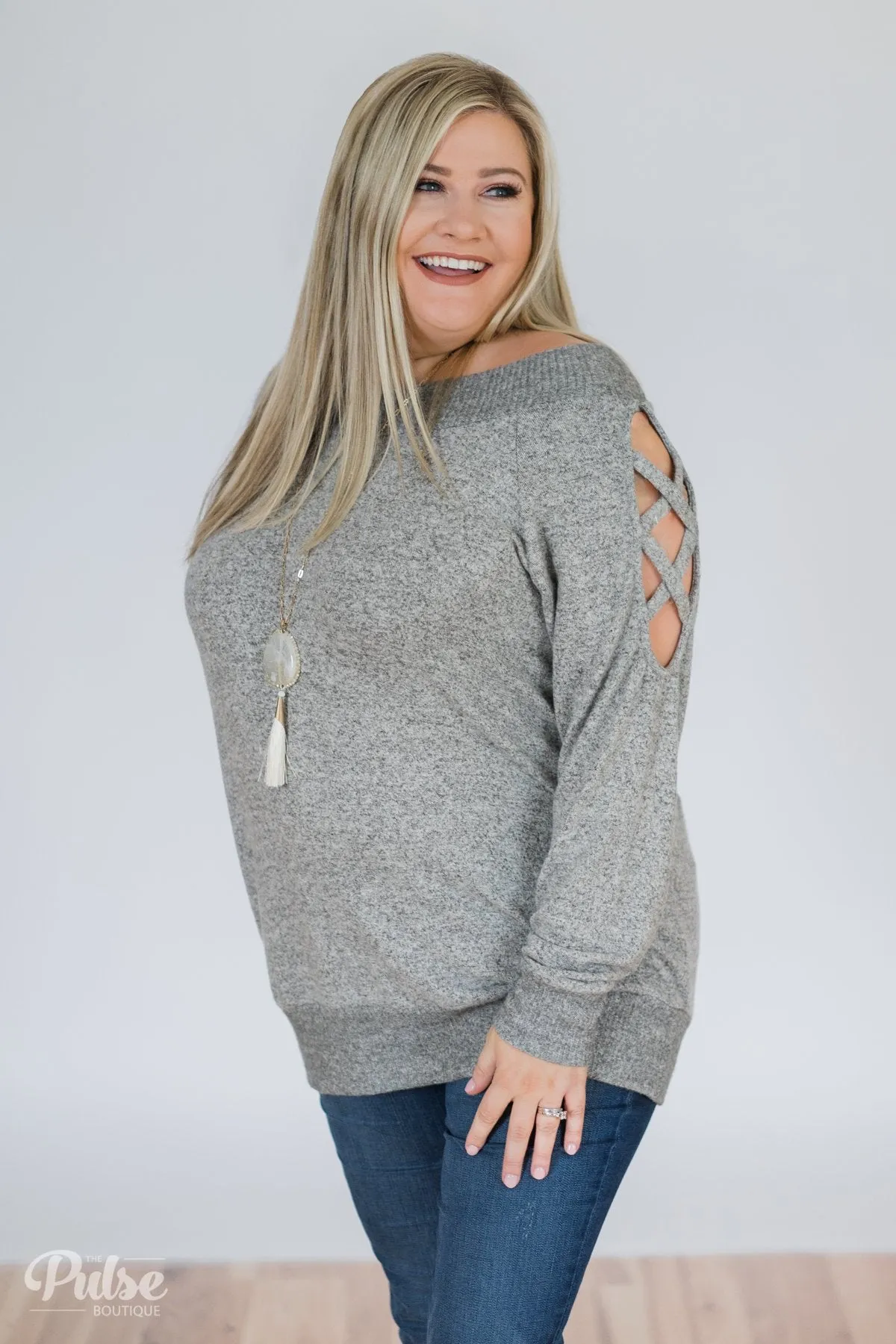 Keep Holding On Sleeve Detail Sweater- Heather Grey