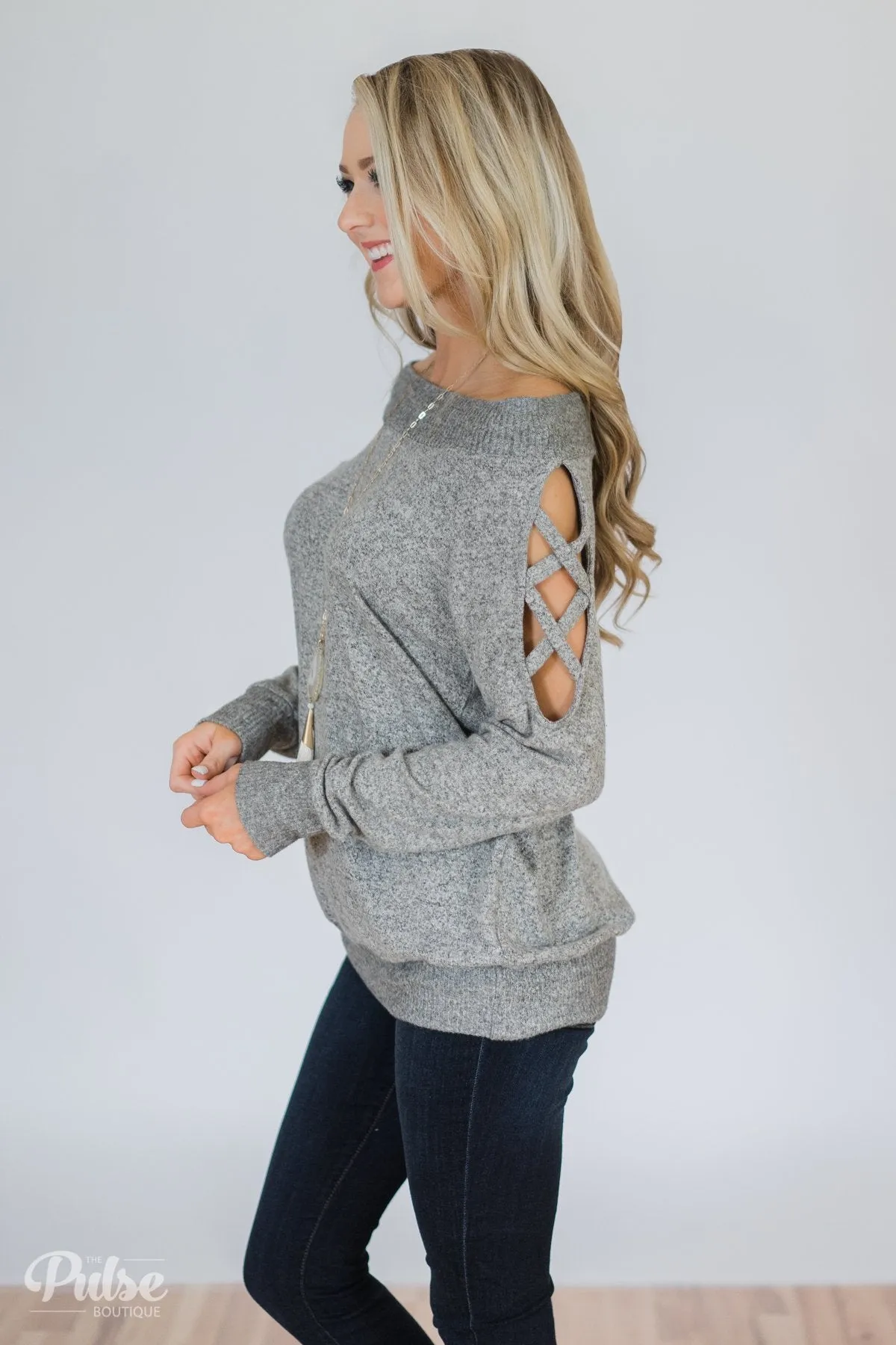 Keep Holding On Sleeve Detail Sweater- Heather Grey
