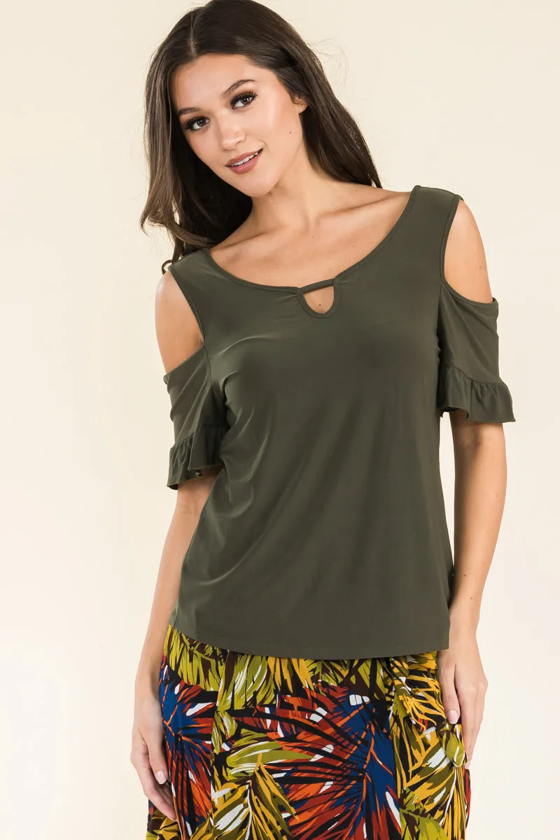 KEYHOLE BABY RUFFLE COLD SHOULDER TOP