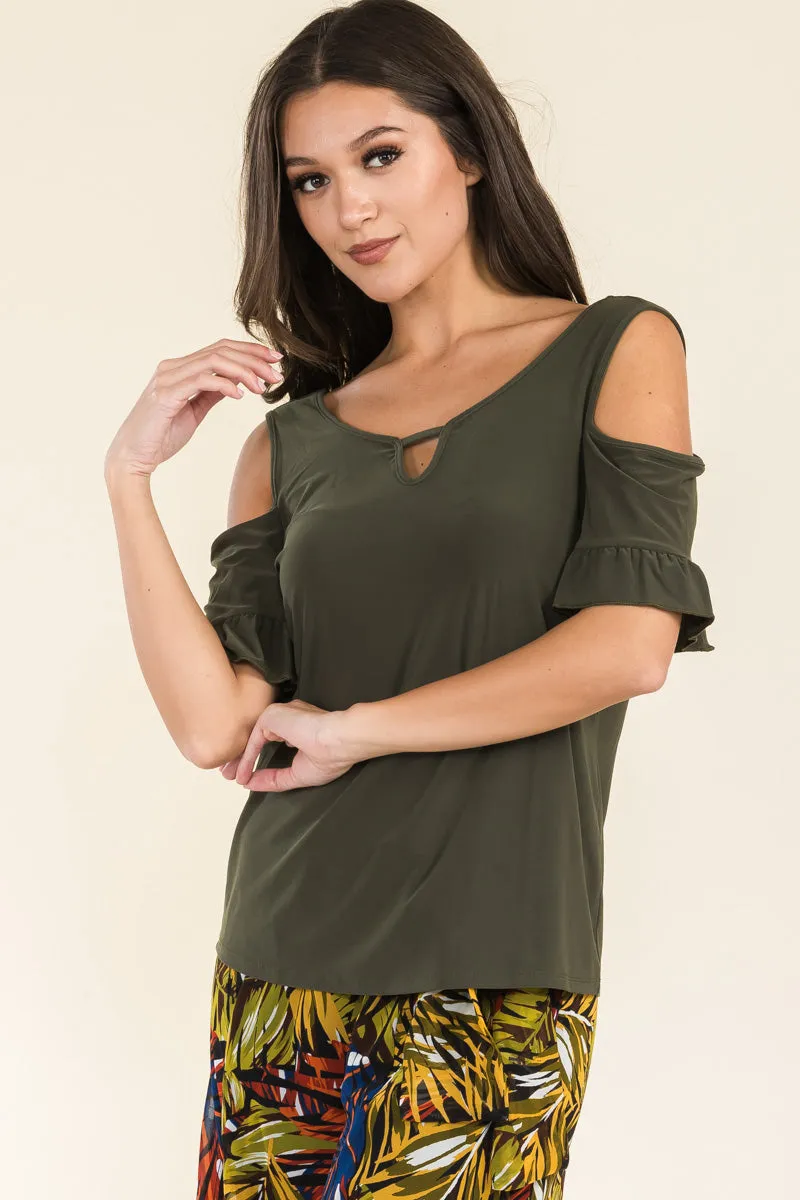 KEYHOLE BABY RUFFLE COLD SHOULDER TOP