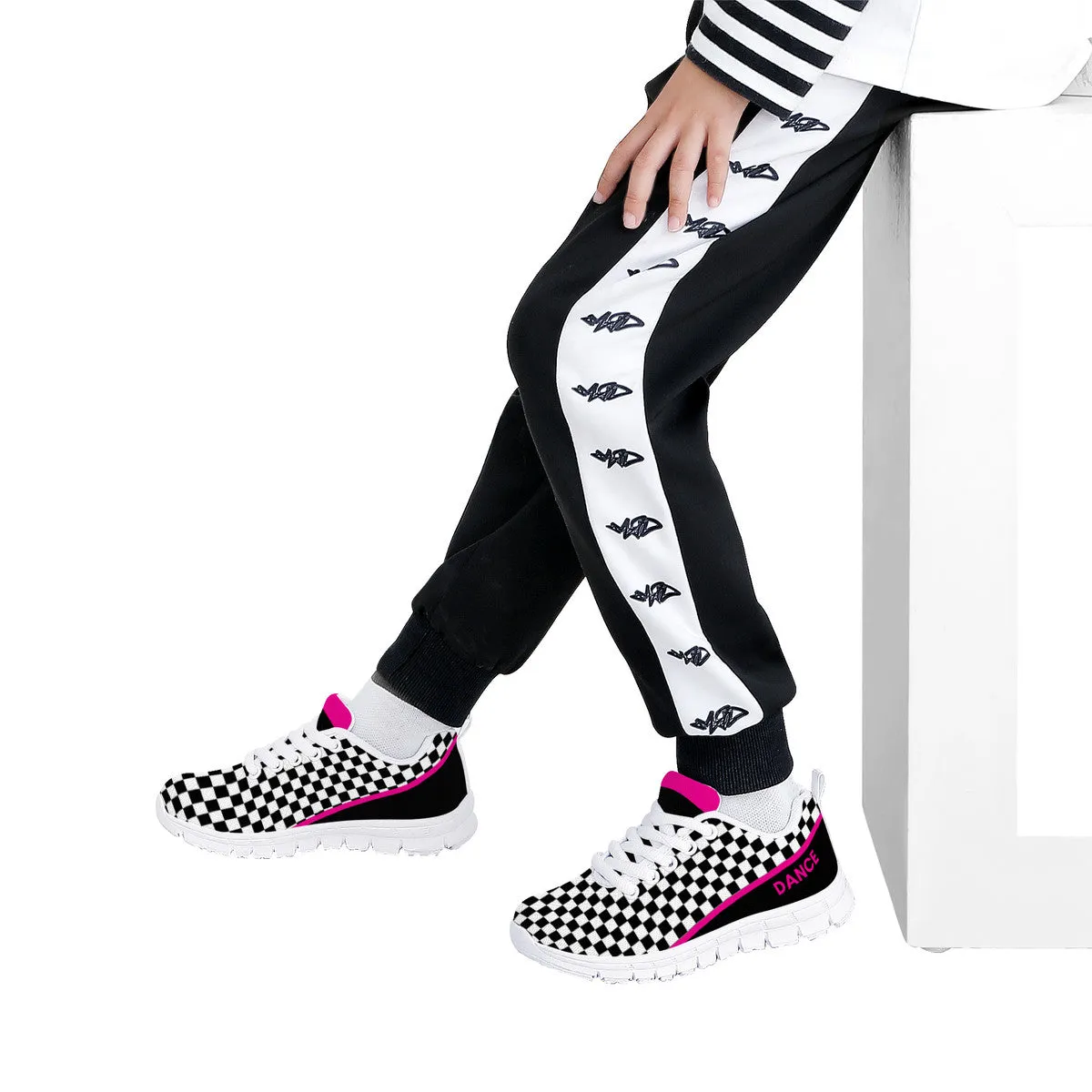 Kids Dance Sneakers - Checkered Black - White - Pink