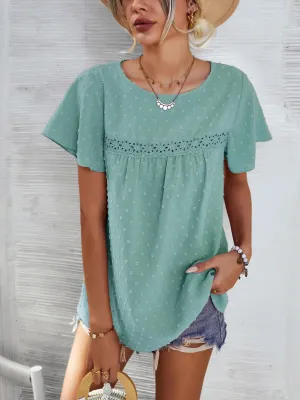 Lace Detail Swiss Dot Short Sleeve Blouse (2 Colors)