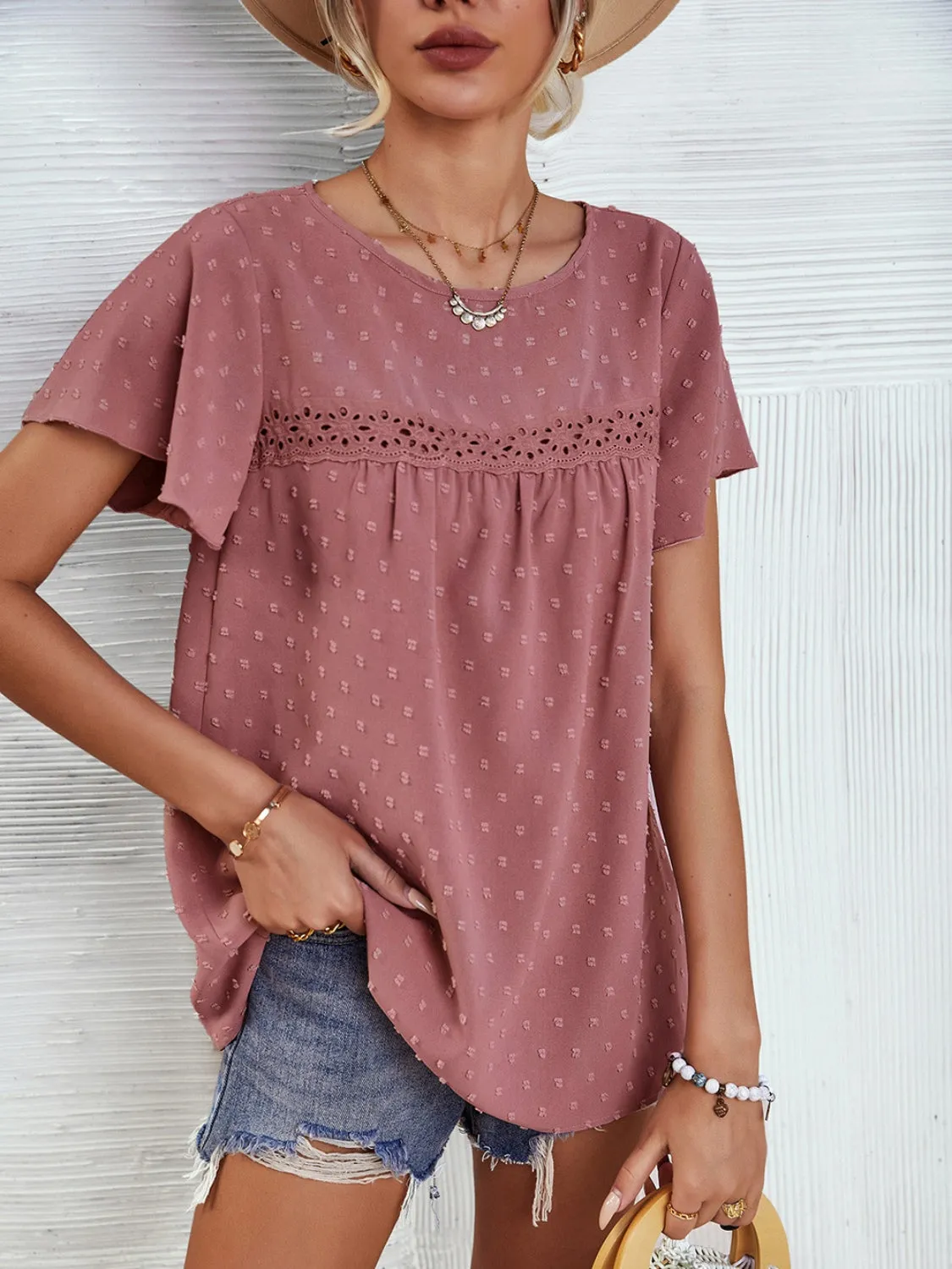 Lace Detail Swiss Dot Short Sleeve Blouse (2 Colors)