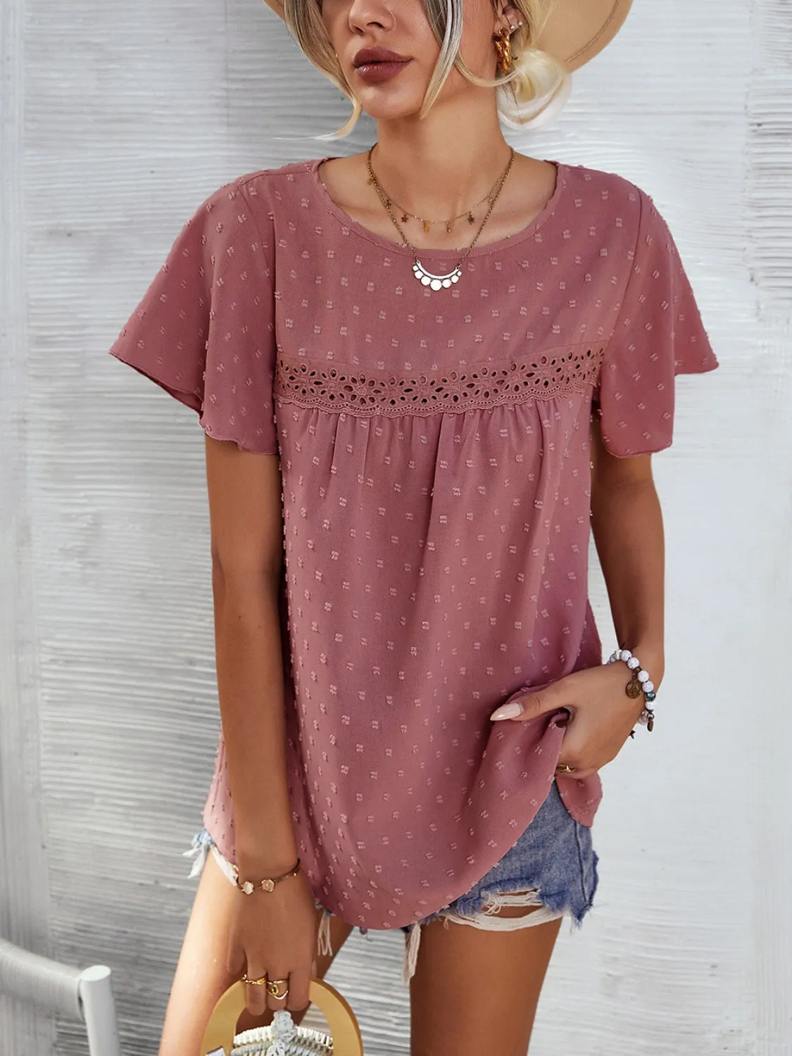 Lace Detail Swiss Dot Short Sleeve Blouse (2 Colors)