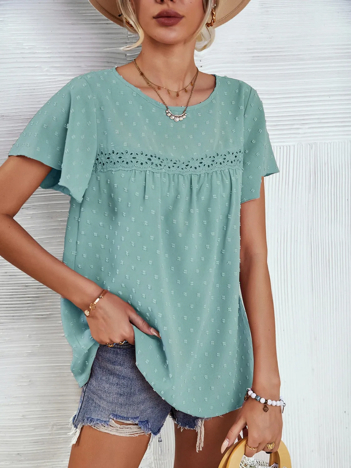 Lace Detail Swiss Dot Short Sleeve Blouse (2 Colors)
