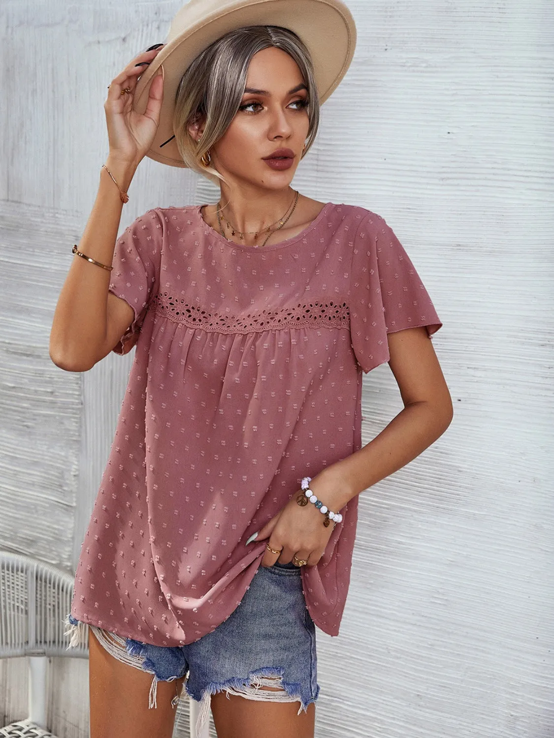Lace Detail Swiss Dot Short Sleeve Blouse (2 Colors)