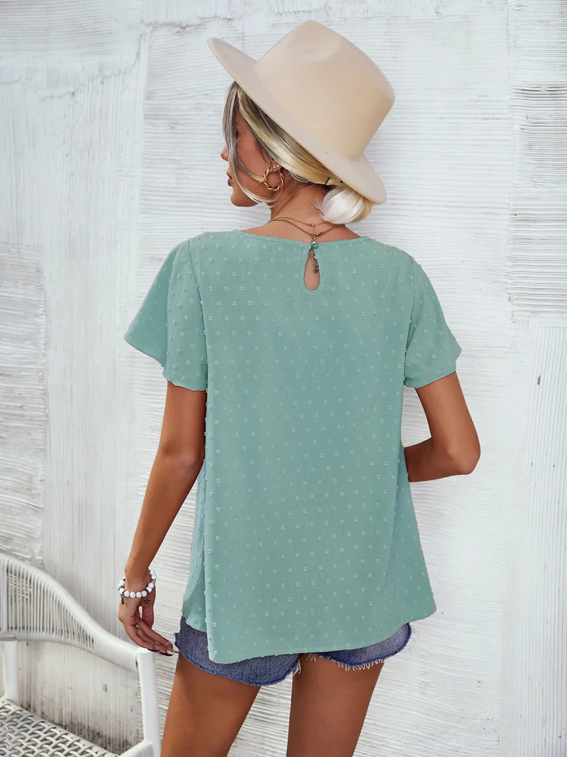 Lace Detail Swiss Dot Short Sleeve Blouse (2 Colors)