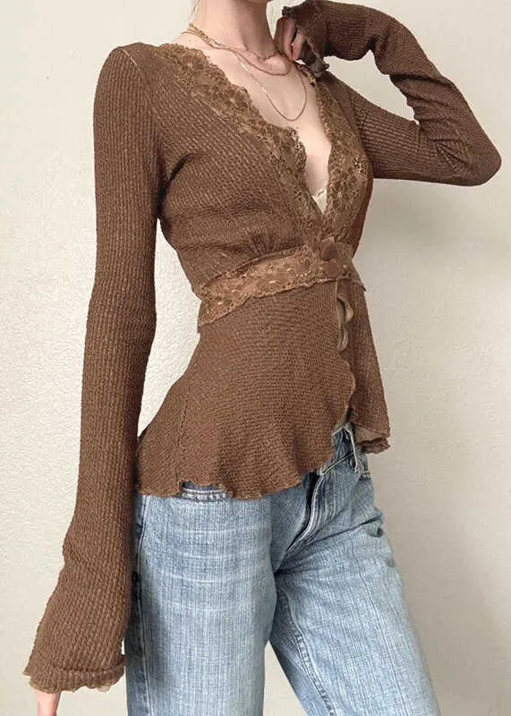 Lace Tops Knit Brown Fit Spring Patchwork Slim