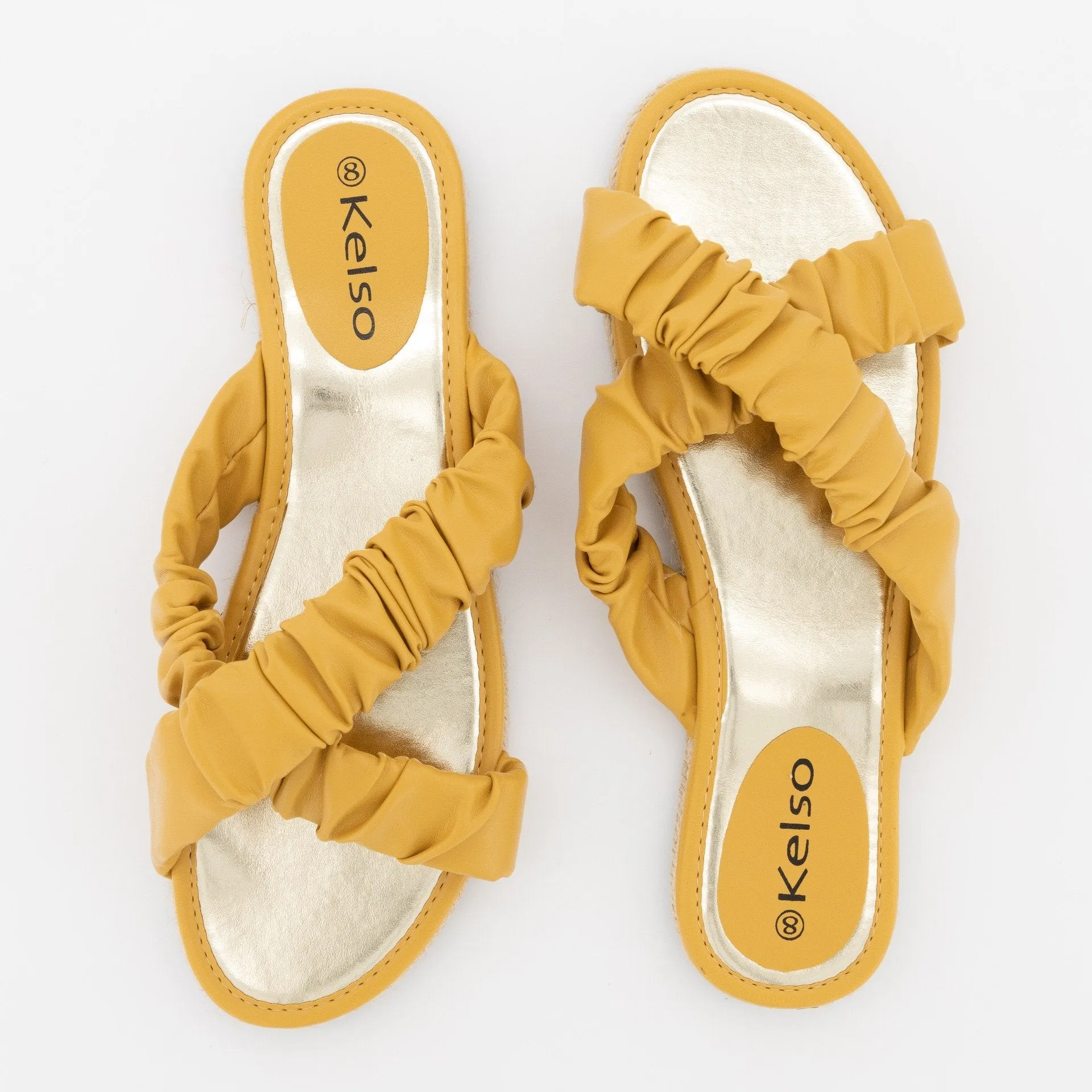 Ladies Pleated Espadrille Push-In Sandal - Mustard