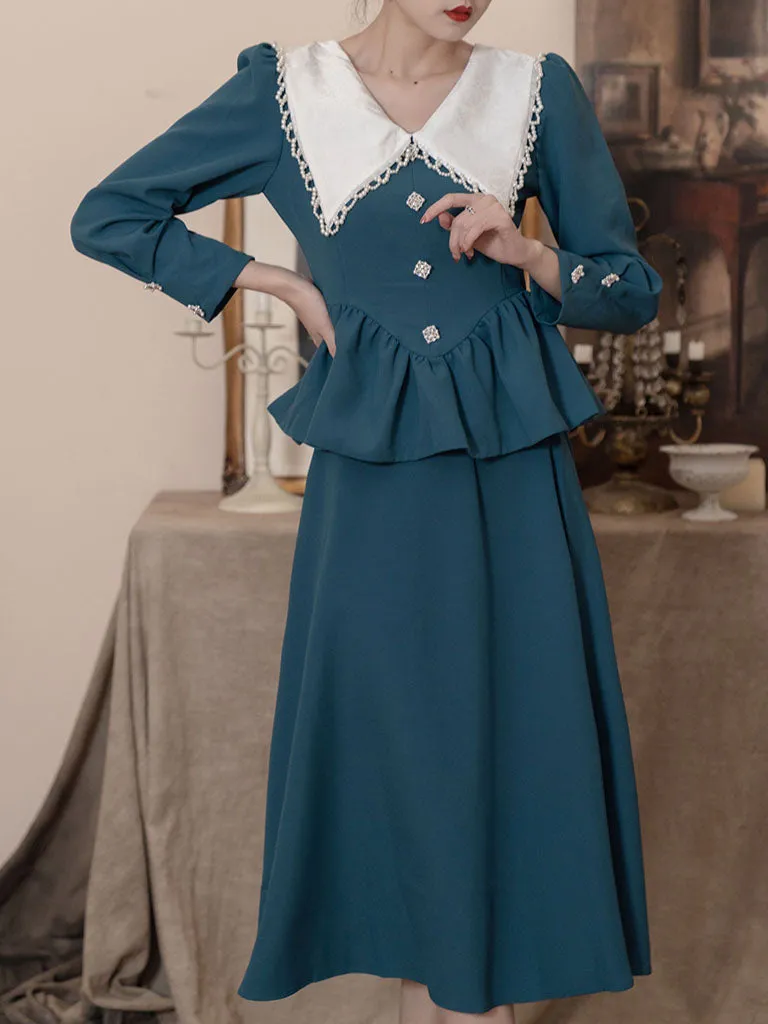 Lake Blue 1950S Long Sleeve Vintage Skirt Suits For Women