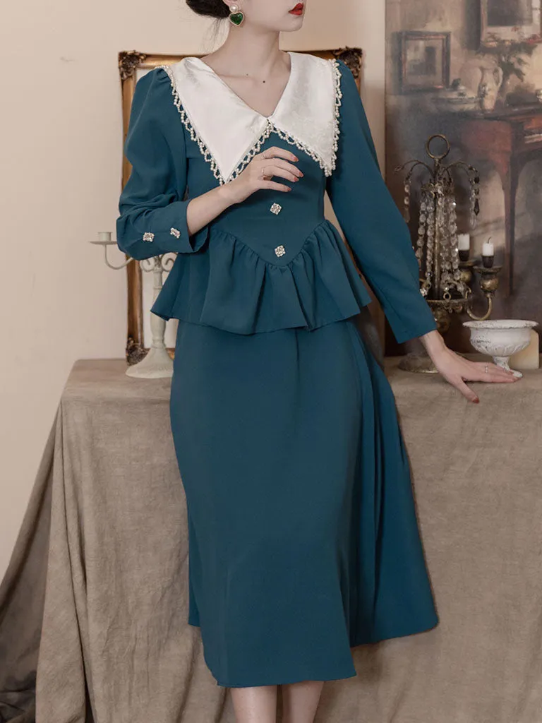 Lake Blue 1950S Long Sleeve Vintage Skirt Suits For Women