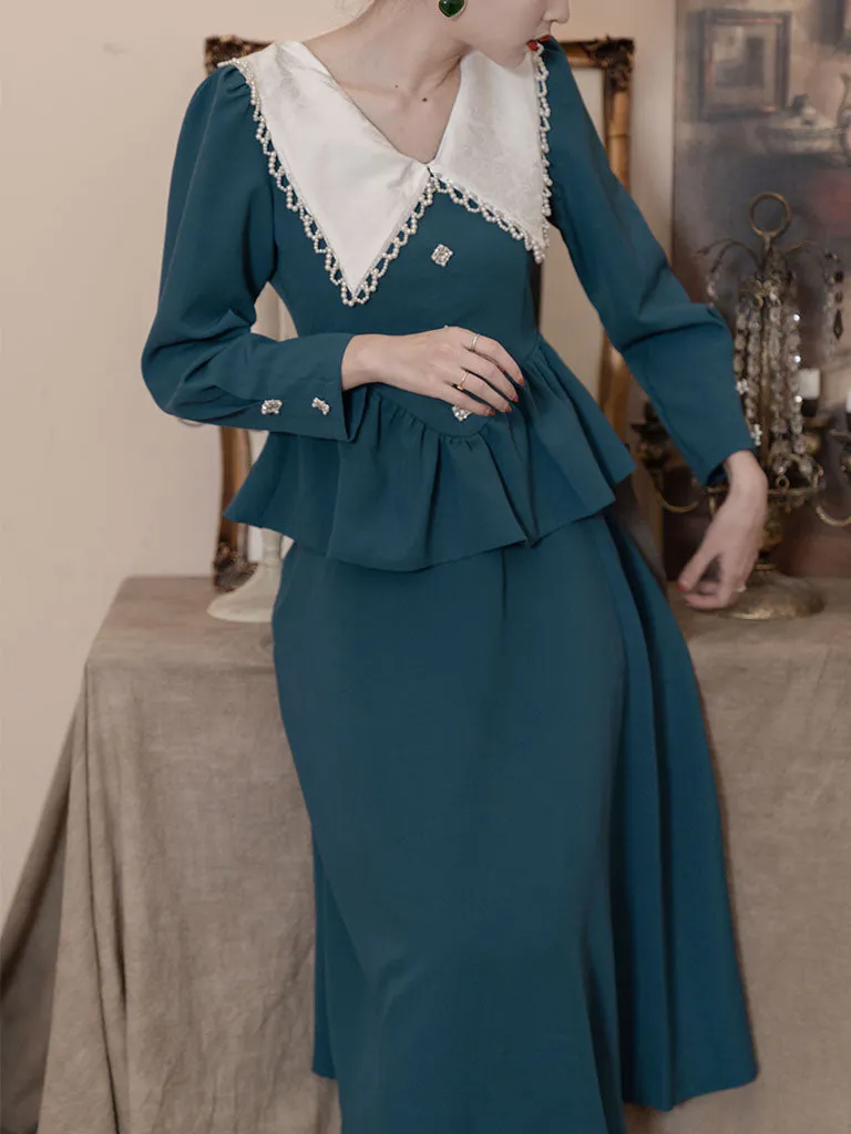 Lake Blue 1950S Long Sleeve Vintage Skirt Suits For Women